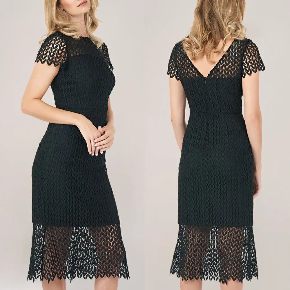 Kay Unger New York Tatum Dress Lace Overlay Short Sleeve Midi Black Size 10